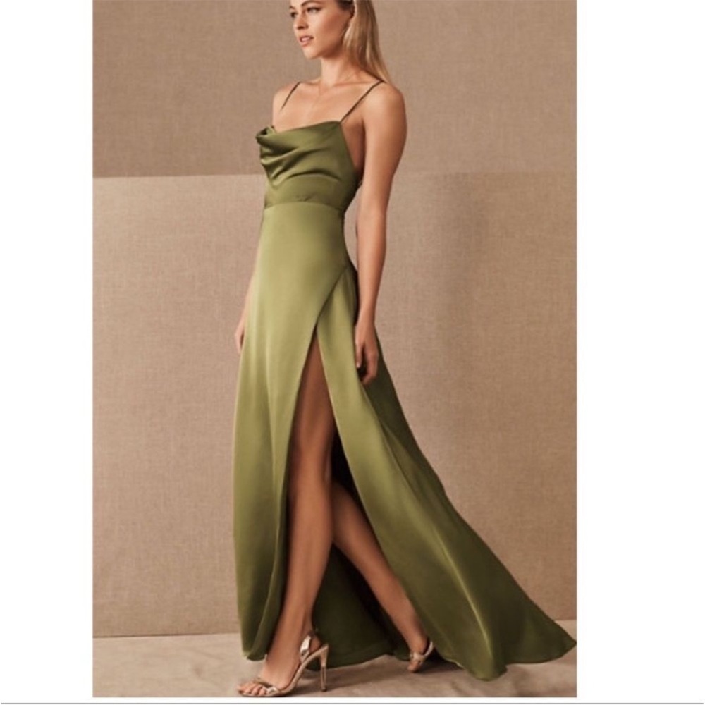 BHLDN • Anthropologie • Olive Green Cowl Neck Gown with High Slit